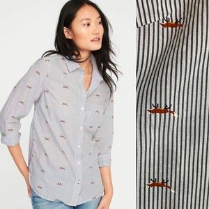Old Navy Fox Print Striped Button Down Blouse Classic Shirt